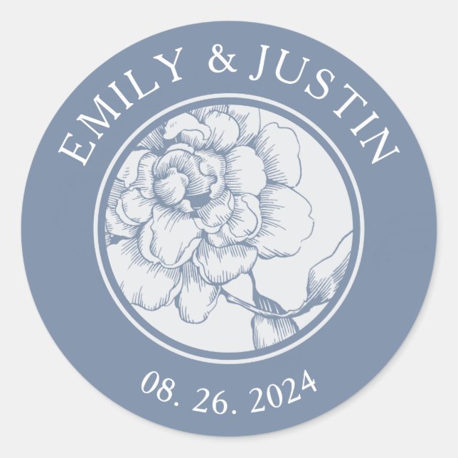 Floral Dusty Blue Elegant Wedding Classic Round Sticker (Front)
