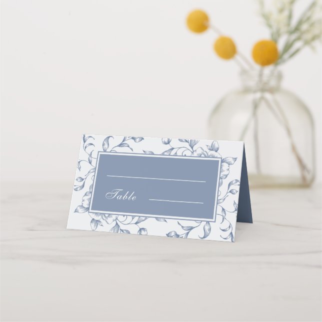 Floral Dusty Blue Elegant Wedding Folded Place Card (Front)