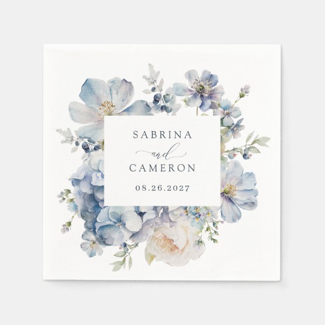 Floral Dusty Blue Elegant Wedding Napkin (Front)
