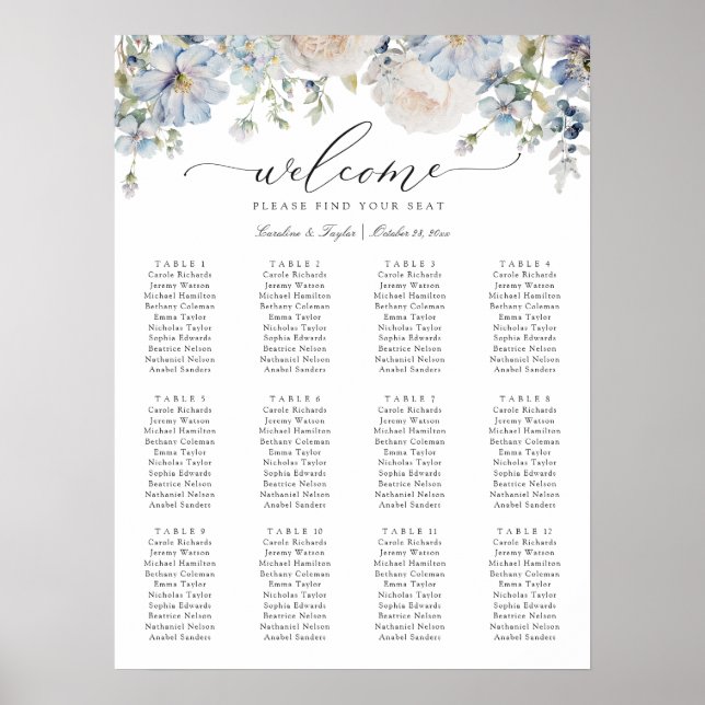 Floral Dusty Blue Elegant Wedding Seating Chart (Front)