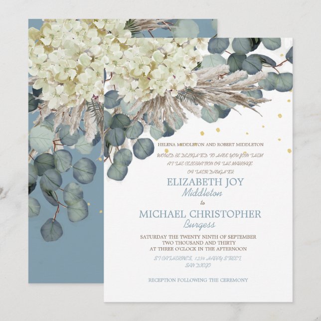 Floral Dusty Blue Eucalyptus  Elegant Gold Wedding Invitation (Front/Back)