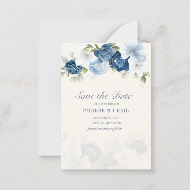 Floral Dusty Blue Eucalyptus Leaves Save the Date Card (Front)