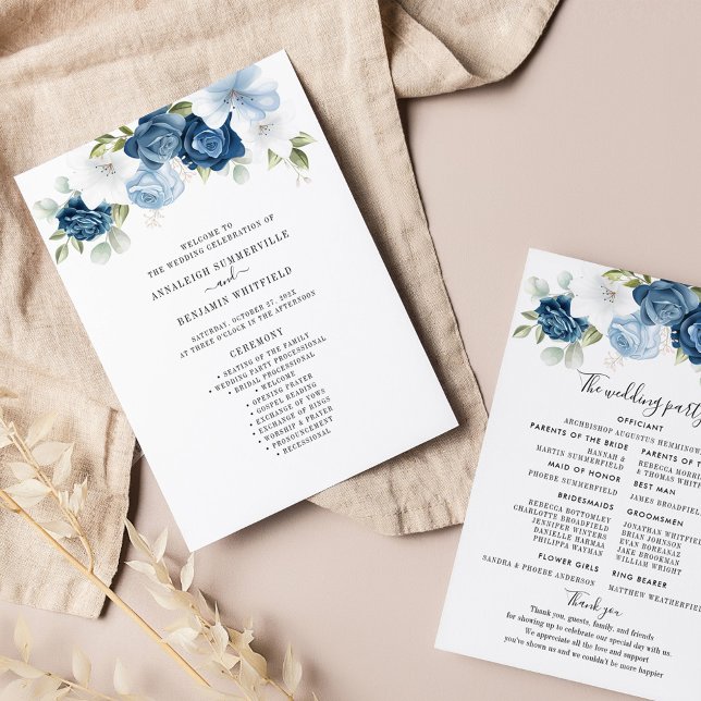 Floral Dusty Blue Eucalyptus Wedding Program (Dusty Blue Floral Script Wedding Program)
