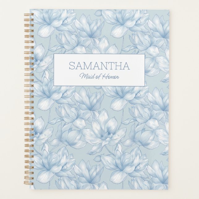 Floral Dusty Blue Flower Modern Maid of Honour Nam Planner (Front)