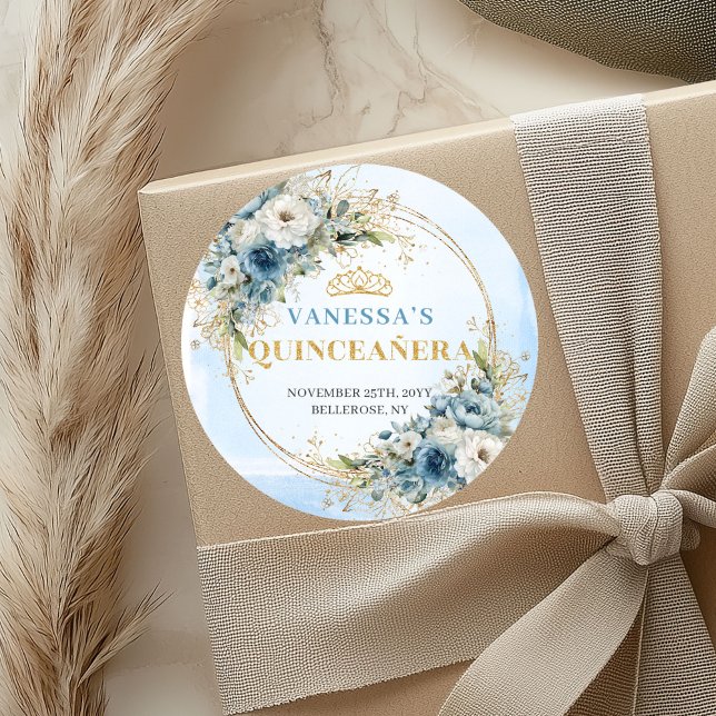 Floral Dusty Blue Gold Greenery Quinceañera Sticke Classic Round Sticker (Floral Dusty Blue Gold Greenery Quinceañera Sticker)