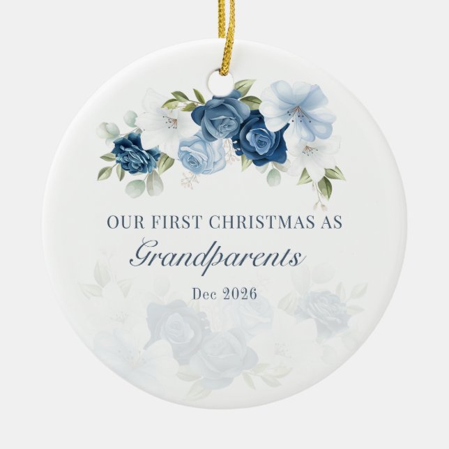 Floral Dusty Blue Grandparents 1st Christmas Ceramic Tree Decoration (Front)