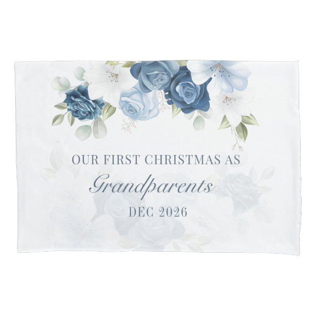 Floral Dusty Blue Grandparents 1st Christmas Pillowcase (Front-Left)