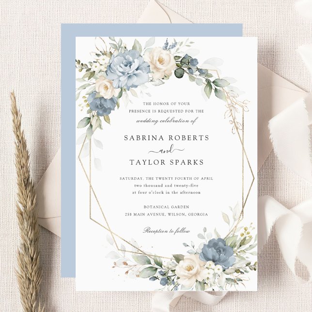 Floral Dusty Blue Greenery Gold Wedding Invitation (Creator Uploaded)