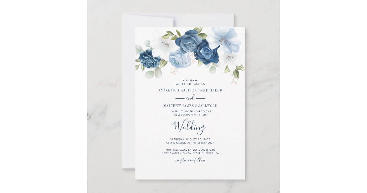 Floral Dusty Blue Greenery Watercolor Wedding Invitation | Zazzle