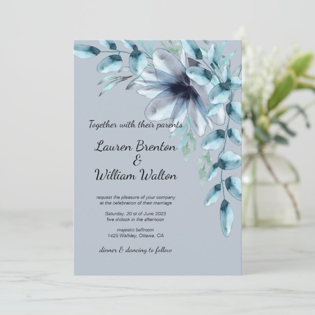 Floral dusty blue grey watercolor Wedding   Invitation (Standing Front)