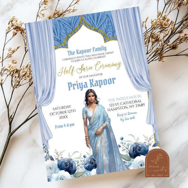 Floral Dusty Blue Half Saree Indian Girl Ceremony Invitation (Creator Uploaded)