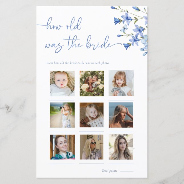 Floral Dusty Blue How Old Was The Bride Photo Game (Front)