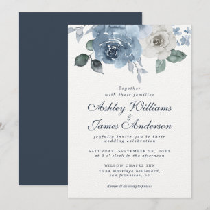 Floral Dusty Blue Ivory Rose Dark Blue Wedding Invitation