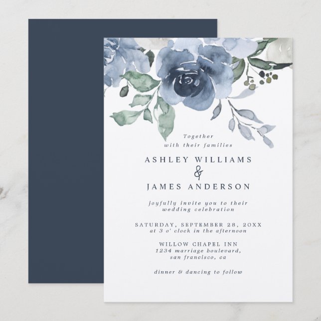 Floral Dusty Blue Ivory Rose Dark Blue Wedding Invitation (Front/Back)