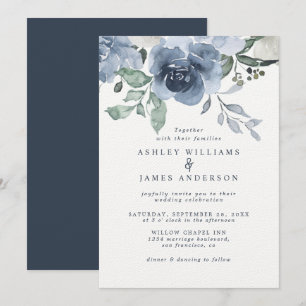 Floral Dusty Blue Ivory Rose Dark Blue Wedding Invitation