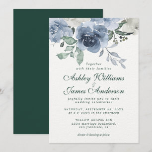 Floral Dusty Blue Ivory Rose Dark Green Wedding Invitation