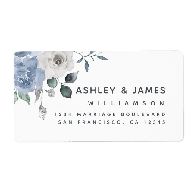 Floral Dusty Blue Ivory Rose Return Address  (Front)