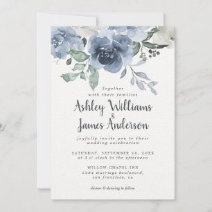 Floral Dusty Blue Ivory Rose Vintage Blue Wedding  Invitation