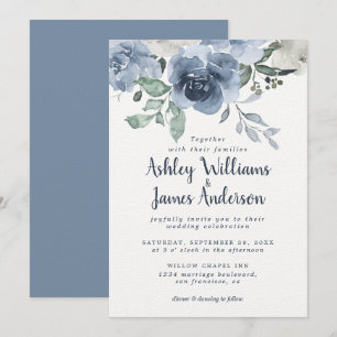 Floral Dusty Blue Ivory Rose Vintage Blue Wedding  Invitation