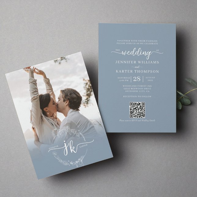 Floral Dusty Blue Monogram Photo QR Code Wedding  Invitation (Creator Uploaded)