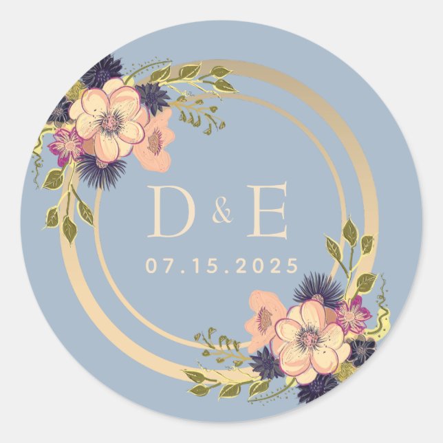 Floral Dusty Blue Monogram Wedding Classic Round Sticker (Front)