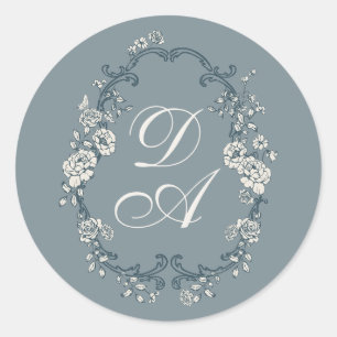 Floral Dusty Blue Monogrammed Classic Round Sticker