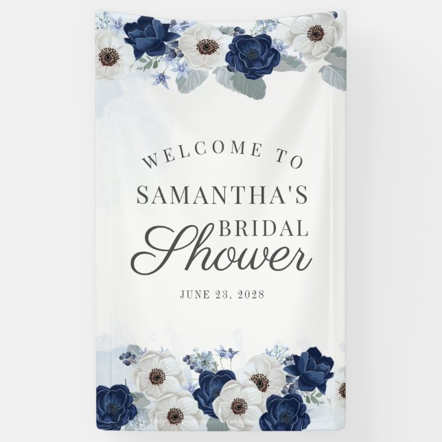 Floral Dusty Blue Navy Botanical Bridal Shower Banner (Vertical)