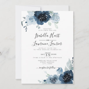Floral Dusty Blue Pastel Navy Slate Wedding Invitation