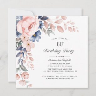 Floral Dusty Blue Pink 60th Birthday Party Invitation