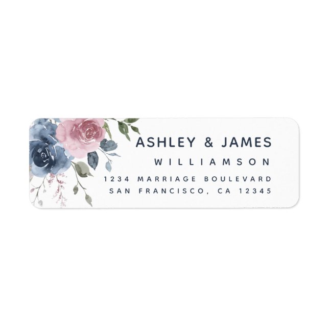 Floral Dusty Blue Pink Rose Script Return Address (Front)