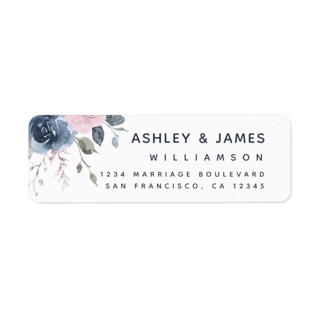 Floral Dusty Blue Pink Rose Script Return Address  (Front)