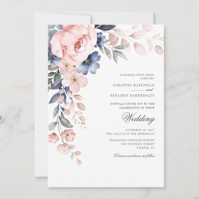 Floral Dusty Blue Pink Watercolor Bloom Wedding Invitation (Front)