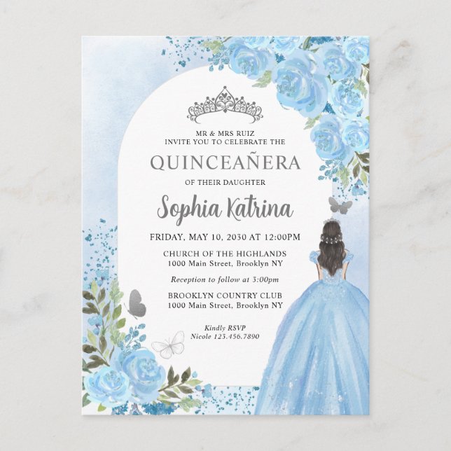 Floral Dusty Blue Princess Birthday Quinceanera Invitation Postcard (Front)