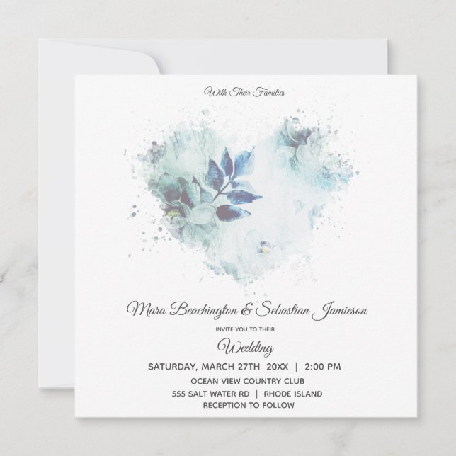*~* Floral Dusty Blue QR RSVP Art AR26 Wedding Invitation (Front)