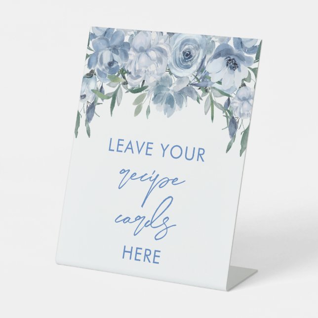 Floral Dusty Blue Recipe Cards Here Pedestal Sign (Front)