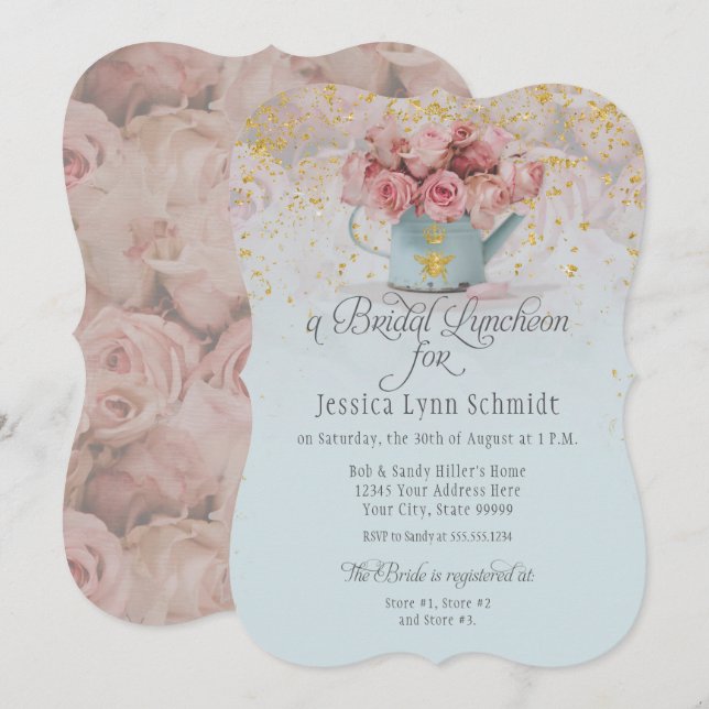  Floral Dusty Blue Roses Gold Bridal Luncheon Invitation (Front/Back)