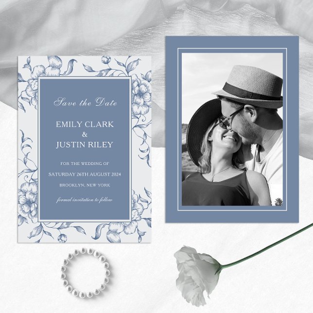 Floral Dusty Blue Save the Date Photo Wedding Invitation (Creator Uploaded)