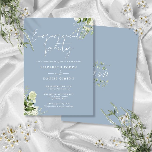 Floral Dusty Blue Script Engagement Party Invitation (Floral Dusty Blue Script Engagement Party Invitation)