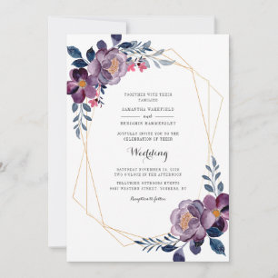 Floral Dusty Blue Script Geometric Wedding Invitation