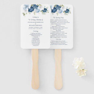 Floral Dusty Blue Script Wedding Program Hand Fan