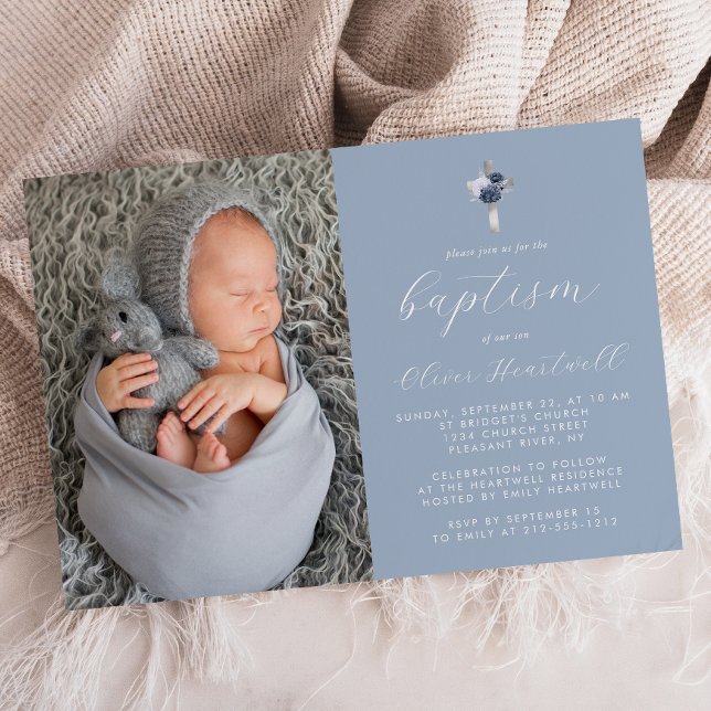 Floral Dusty Blue Silver Cross Photo Boys Baptism Invitation (Creator Uploaded)