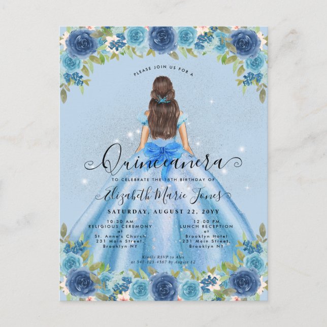 Floral Dusty Blue Silver Glam Princess Quinceanera Postcard (Front)