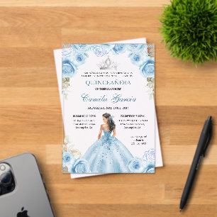 Floral Dusty Blue & Silver Princess Quinceañera Acrylic Invitations
