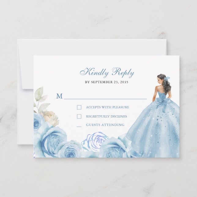 Floral Dusty Blue & Silver Princess Quinceañera RSVP Card (Front)