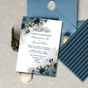 Floral Dusty Blue Walima Islamic Wedding Invitation