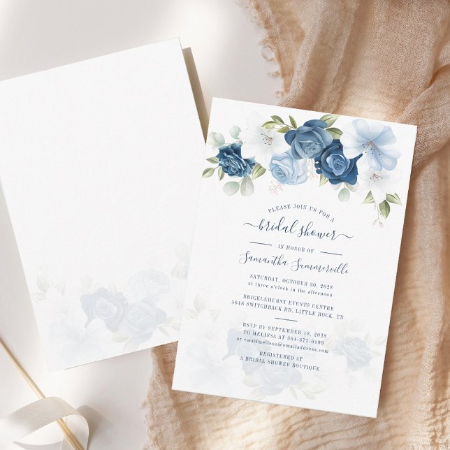 Floral Dusty Blue Watercolor Foliage Bridal Shower Invitation (Dusty Blue Floral Watercolor Script Bridal Shower Invitation)