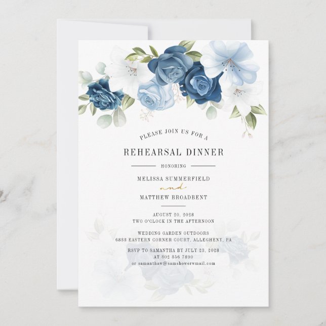 Floral Dusty Blue Watercolor Rehearsal Dinner Invitation (Front)