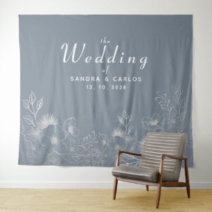 Floral Dusty Blue Wedding Backdrop Tapestry