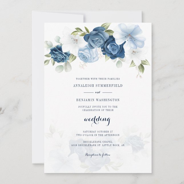 Floral Dusty Blue Wedding Invitation (Front)