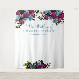 Floral dusty blue wedding photo booth backdrop tapestry